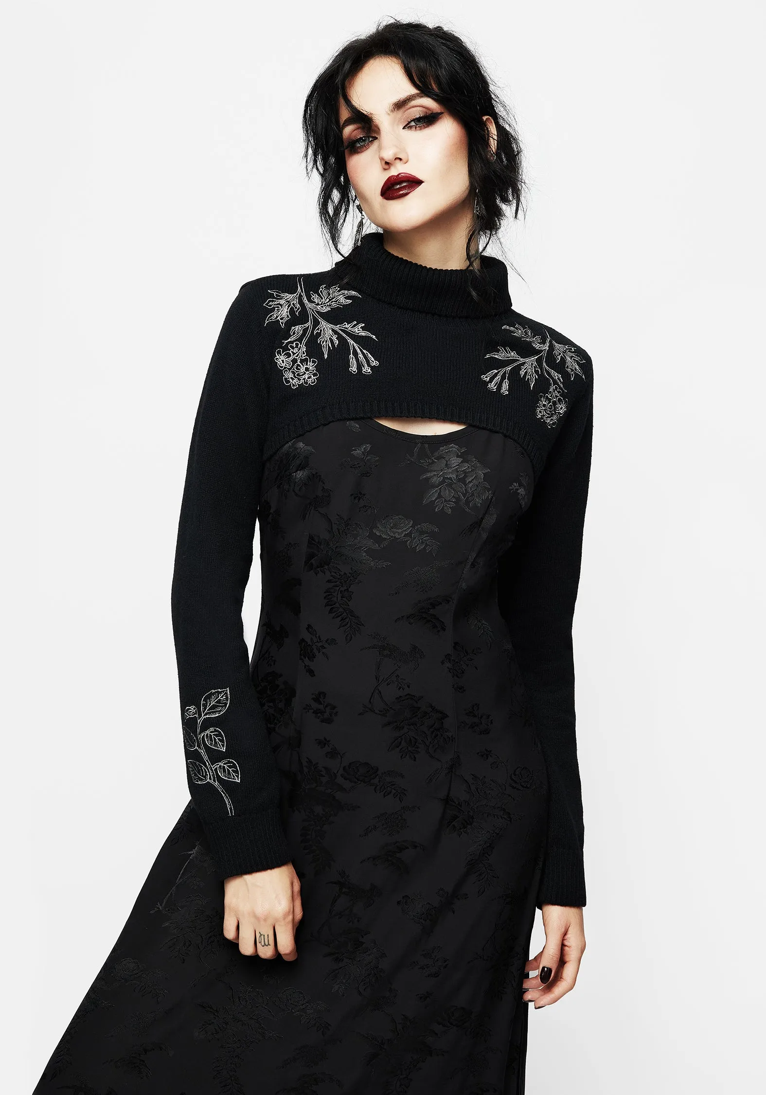 Amalthea Embroidered Roll Neck Extreme Crop Sweater