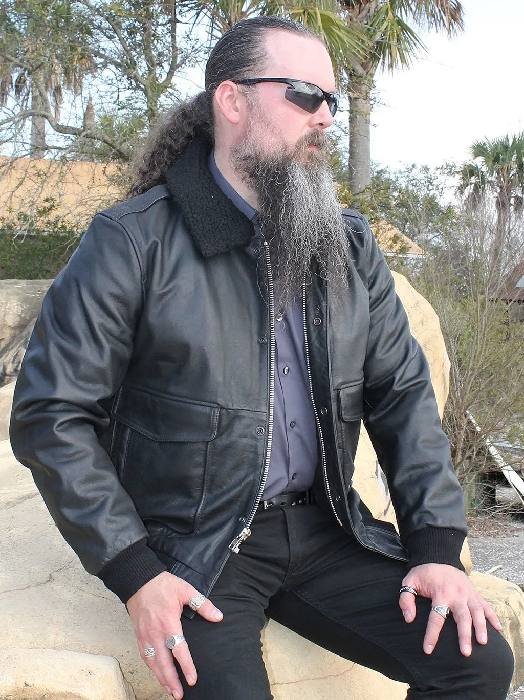 Black Classic A2 Leather Bomber Jacket w/Removable Collar #M2190K