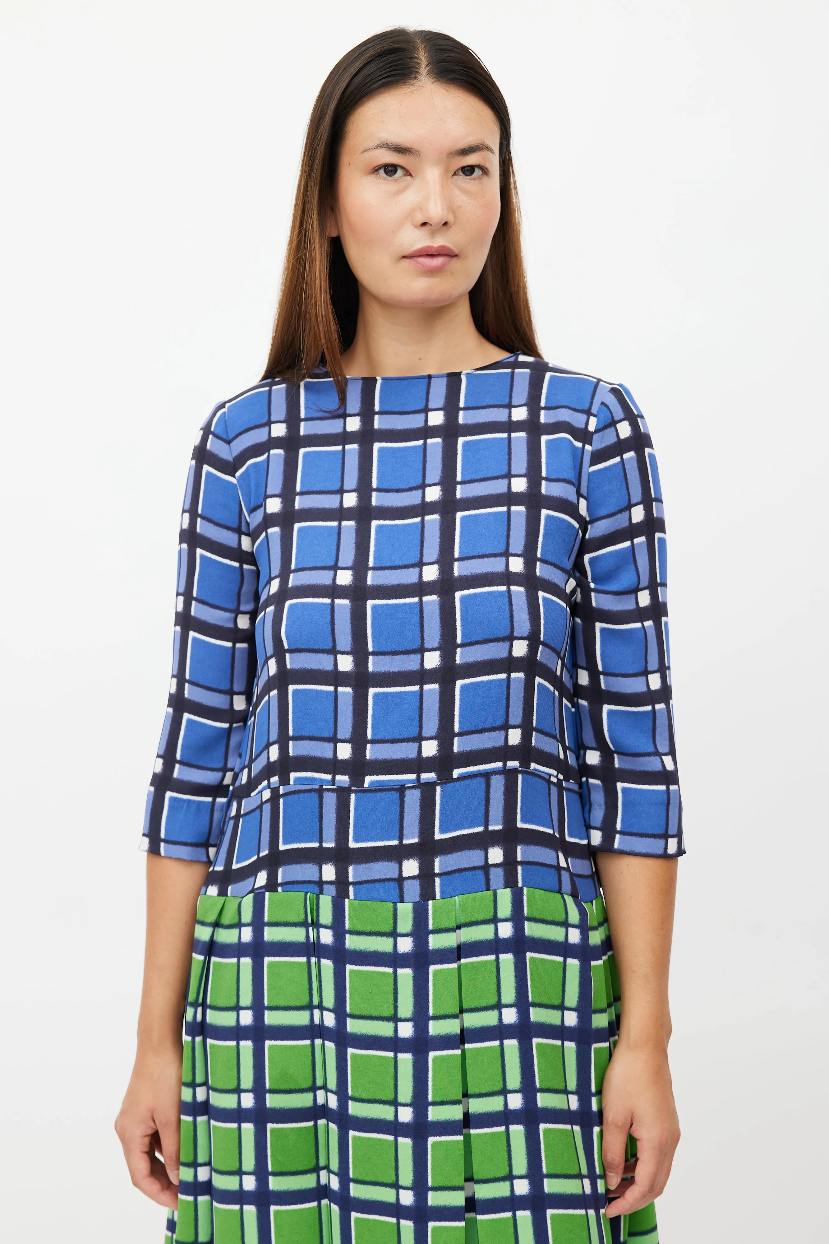 Blue & Green Plaid Pleated Dress