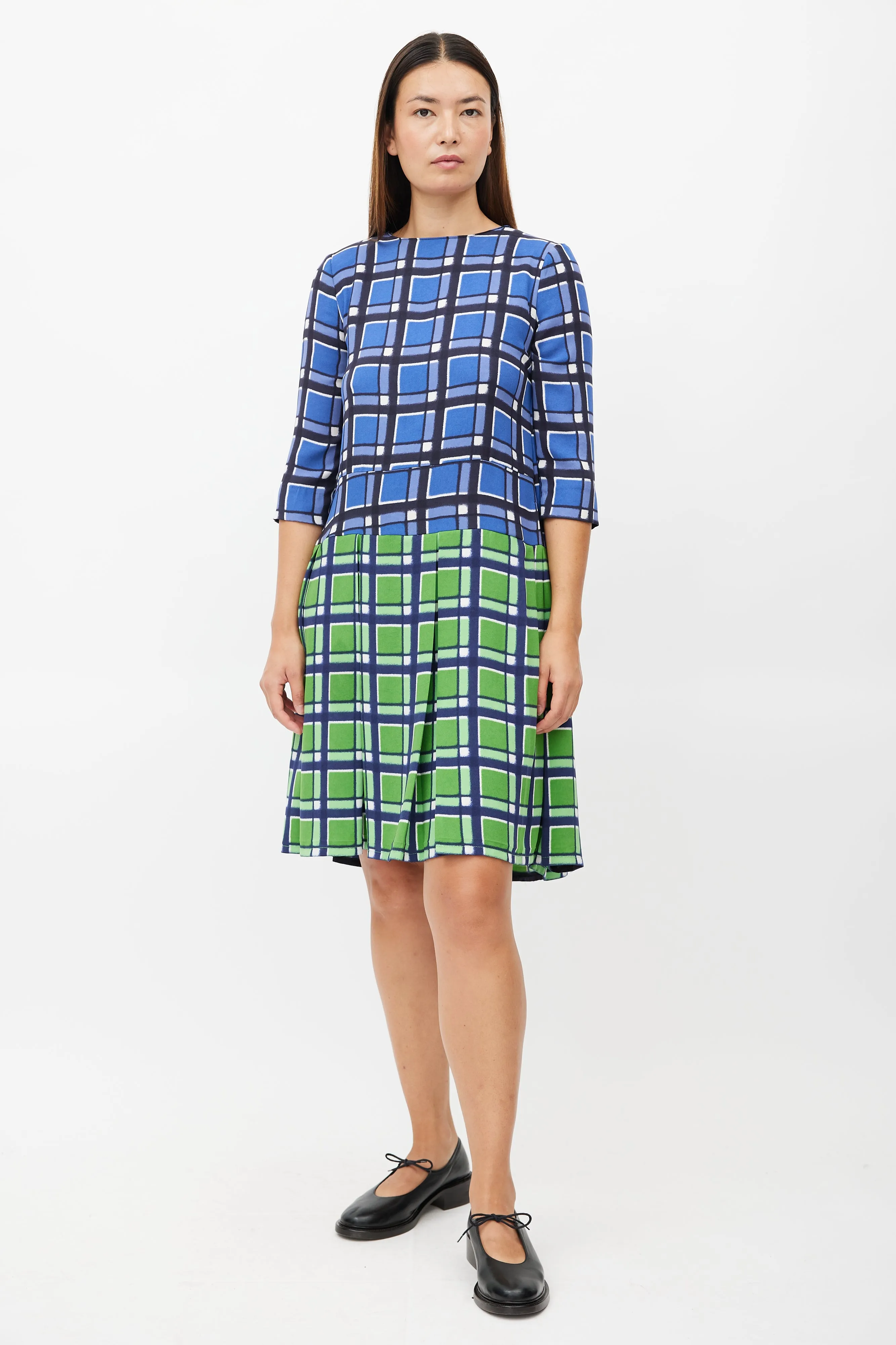 Blue & Green Plaid Pleated Dress