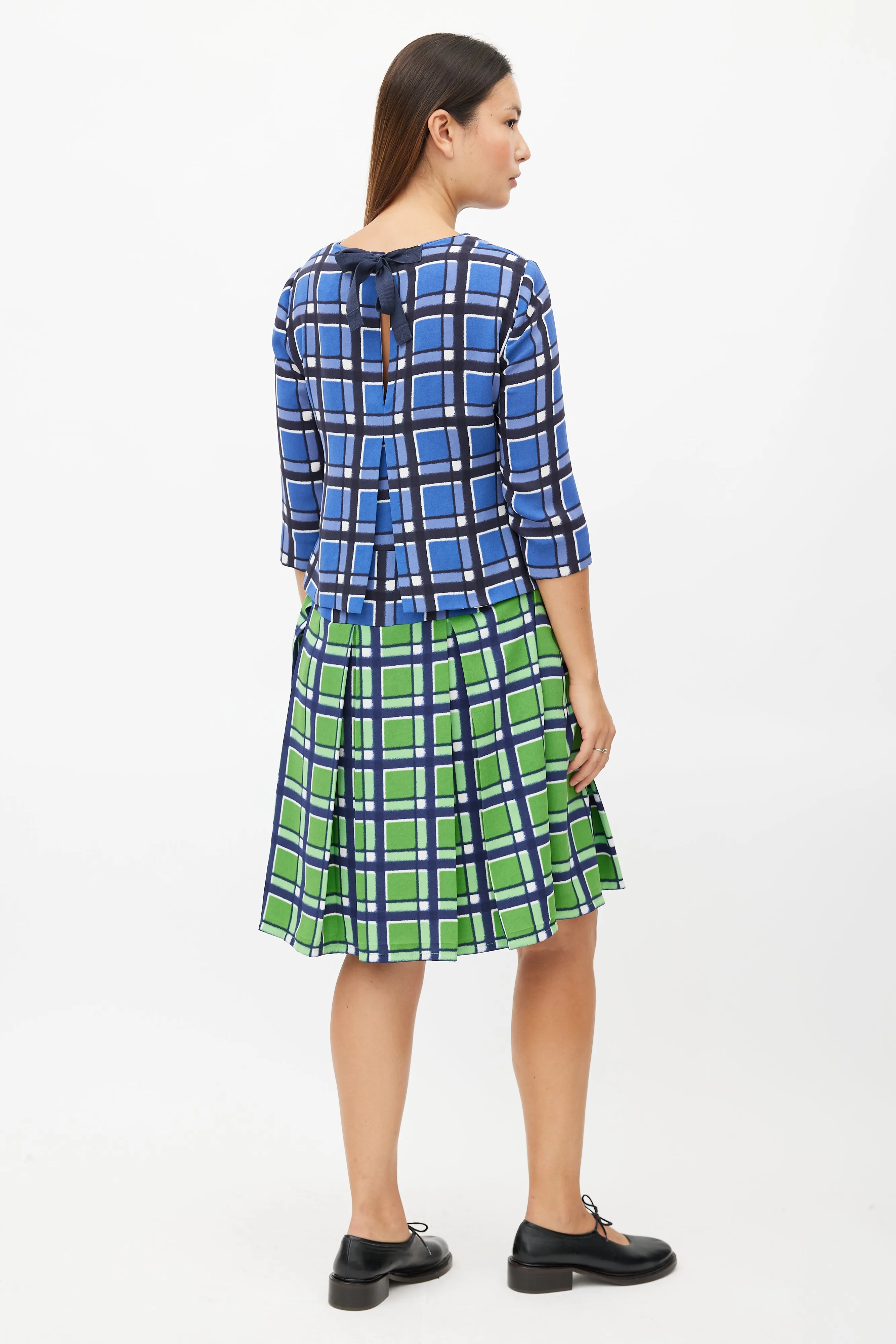 Blue & Green Plaid Pleated Dress