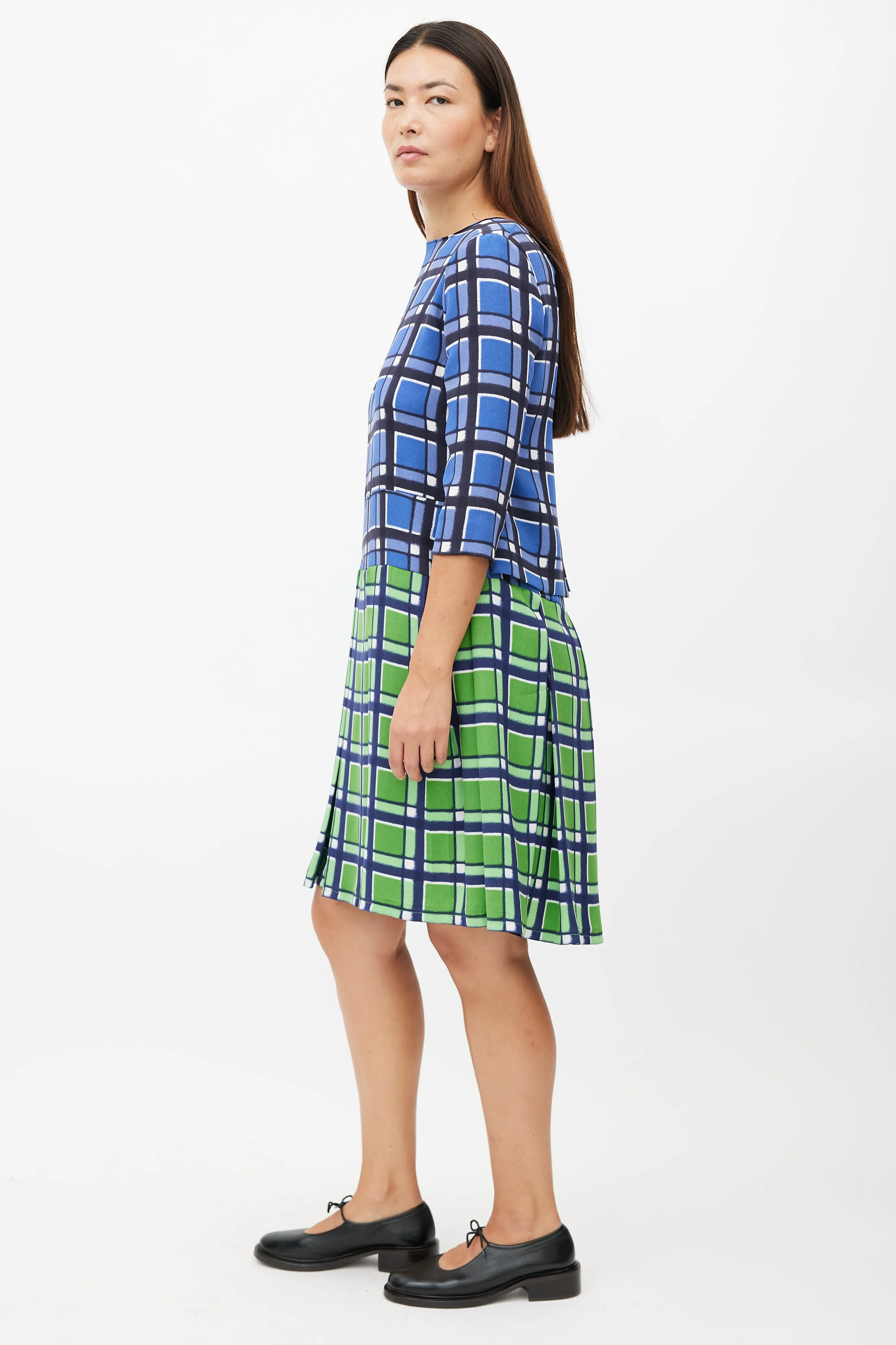Blue & Green Plaid Pleated Dress