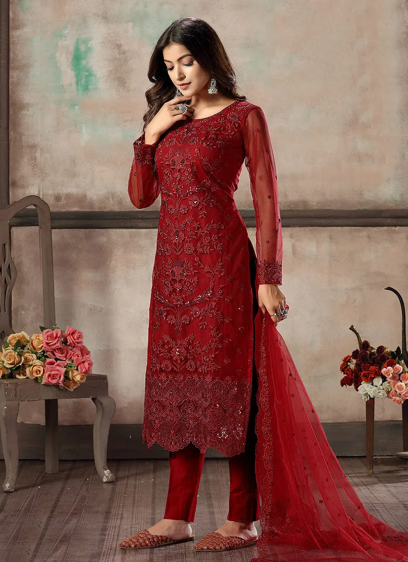 Bridal Red Embroidered Pant Style Suit