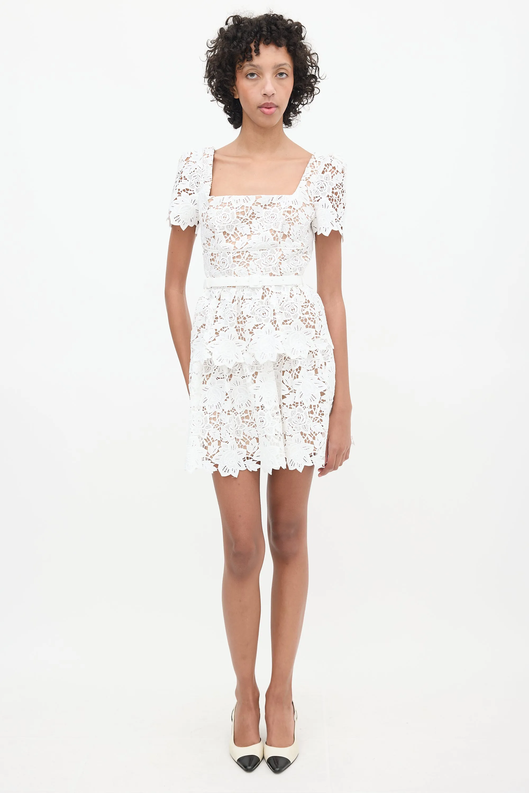 Brown & White Floral Lace Belted Dress