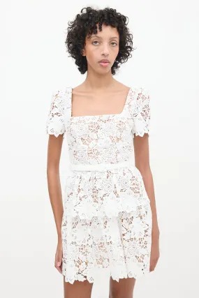 Brown & White Floral Lace Belted Dress