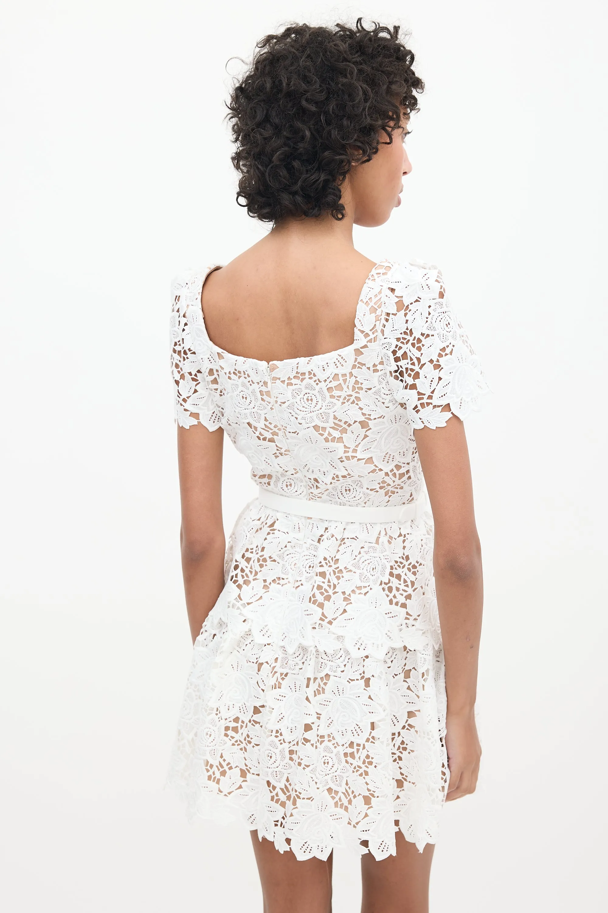 Brown & White Floral Lace Belted Dress