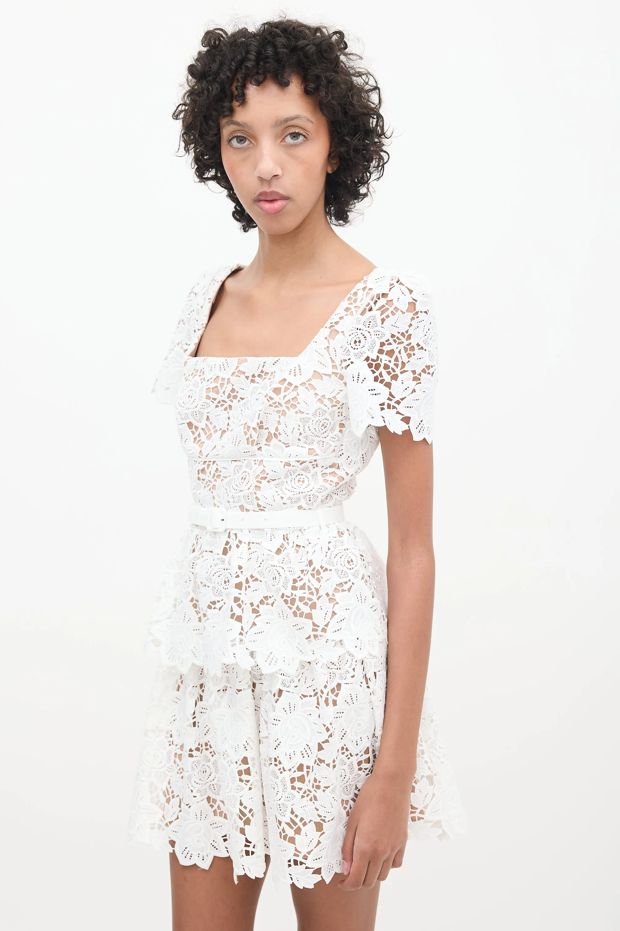 Brown & White Floral Lace Belted Dress