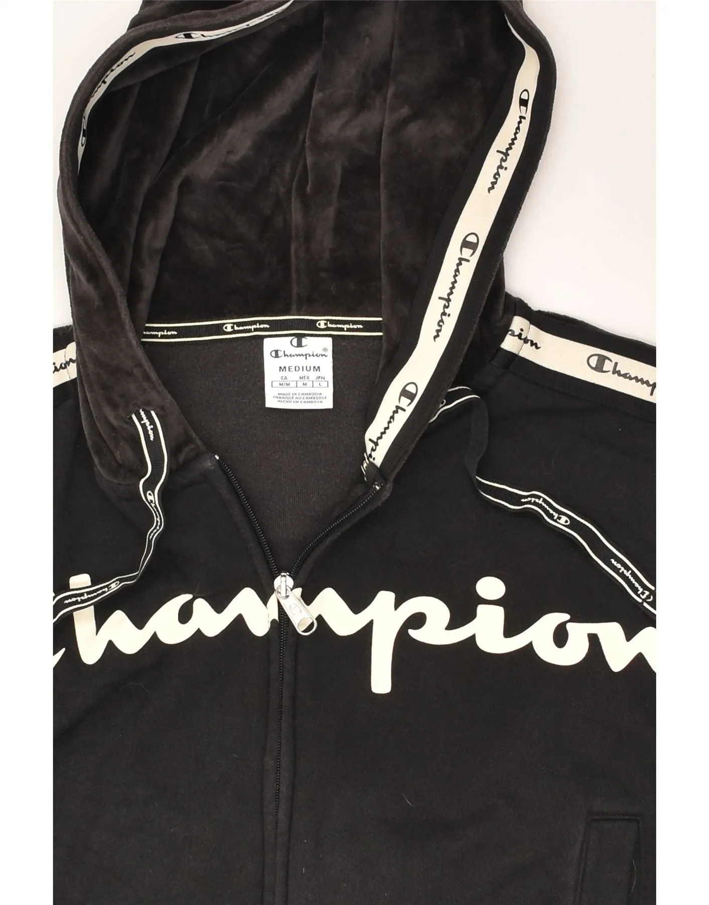 CHAMPION Womens Graphic Crop Zip Hoodie Sweater UK 14 Medium Black Cotton
