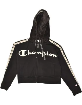 CHAMPION Womens Graphic Crop Zip Hoodie Sweater UK 14 Medium Black Cotton