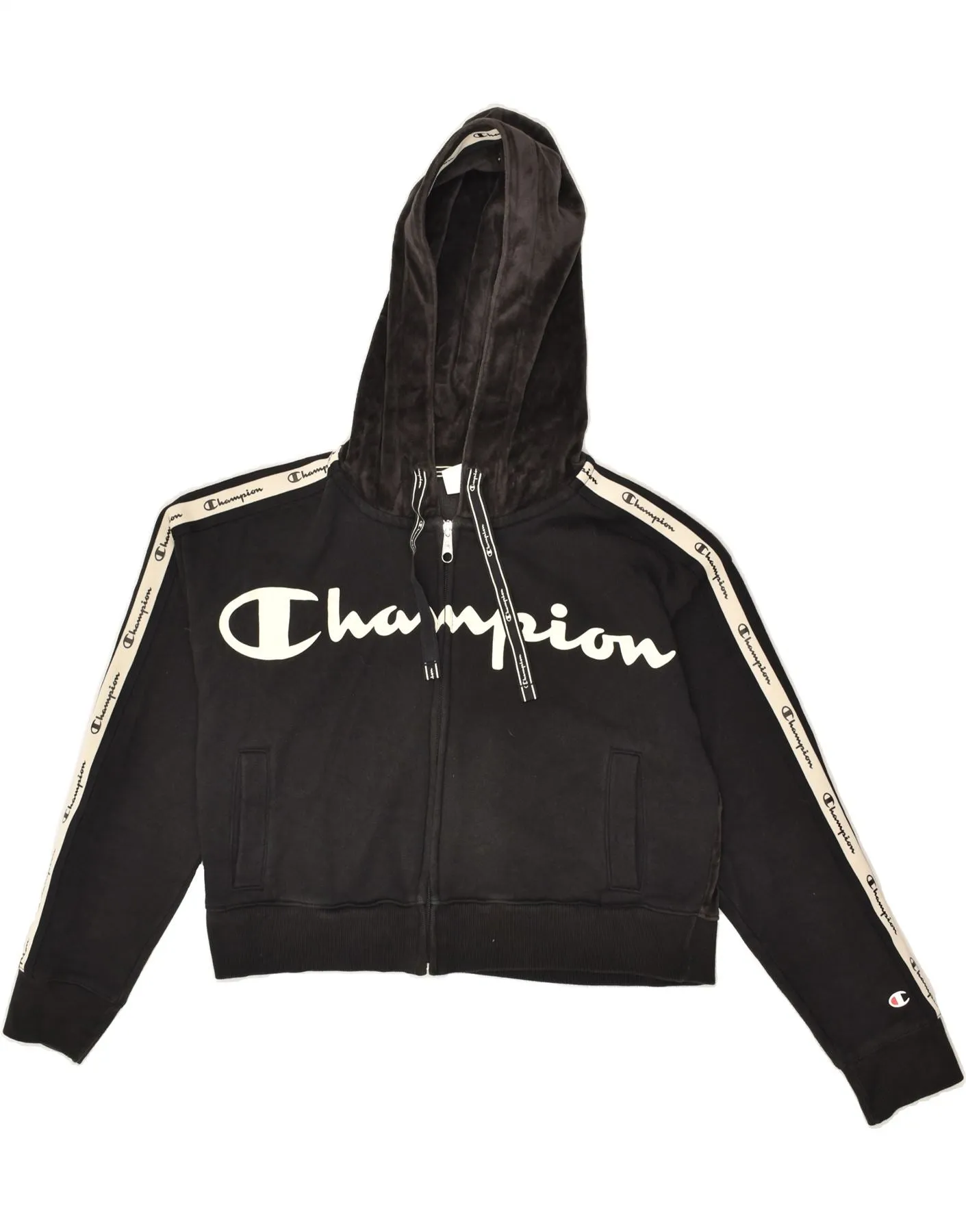 CHAMPION Womens Graphic Crop Zip Hoodie Sweater UK 14 Medium Black Cotton