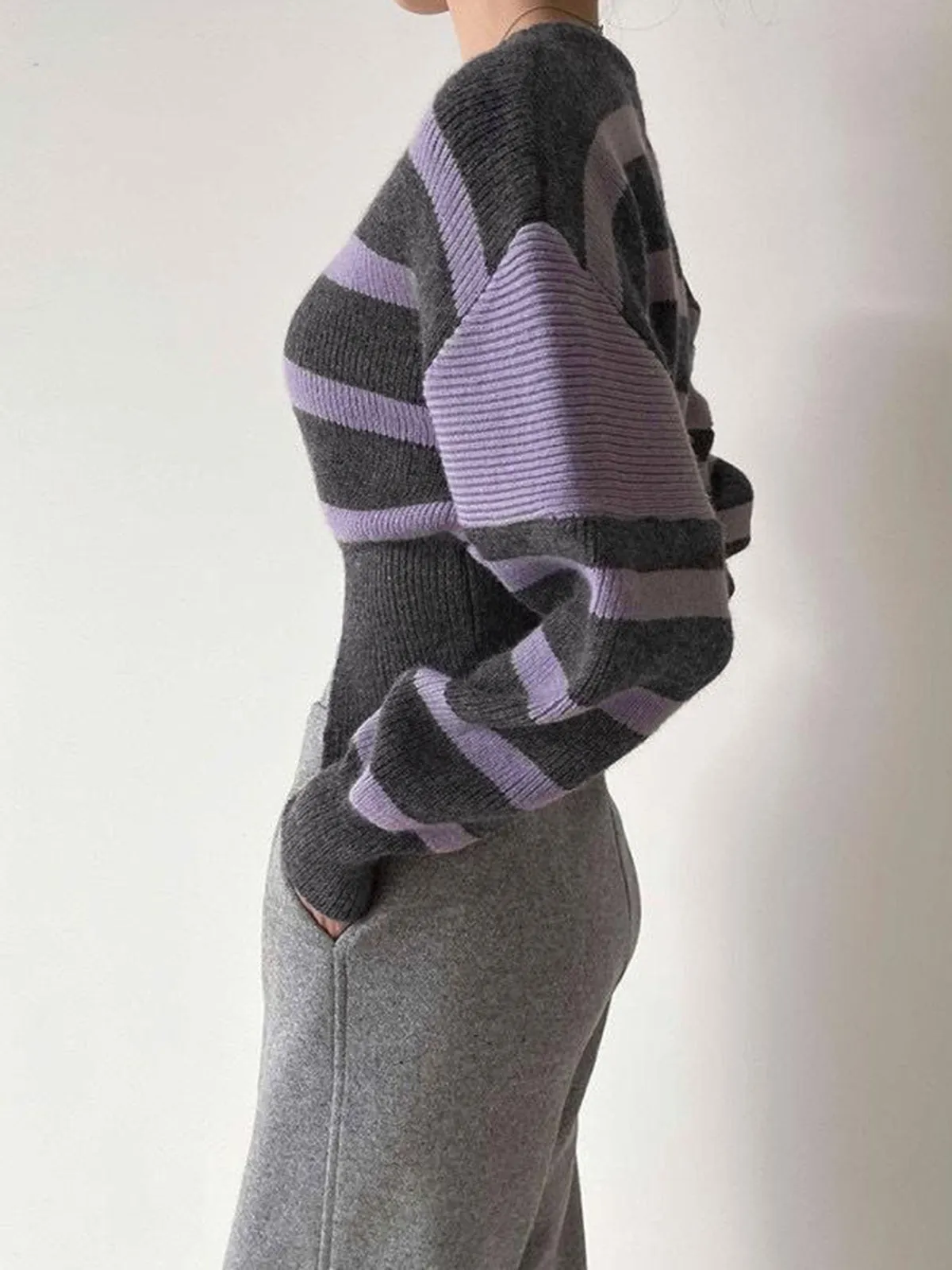 CHICMY- Stripe Asymmetric Notched Crop Sweater