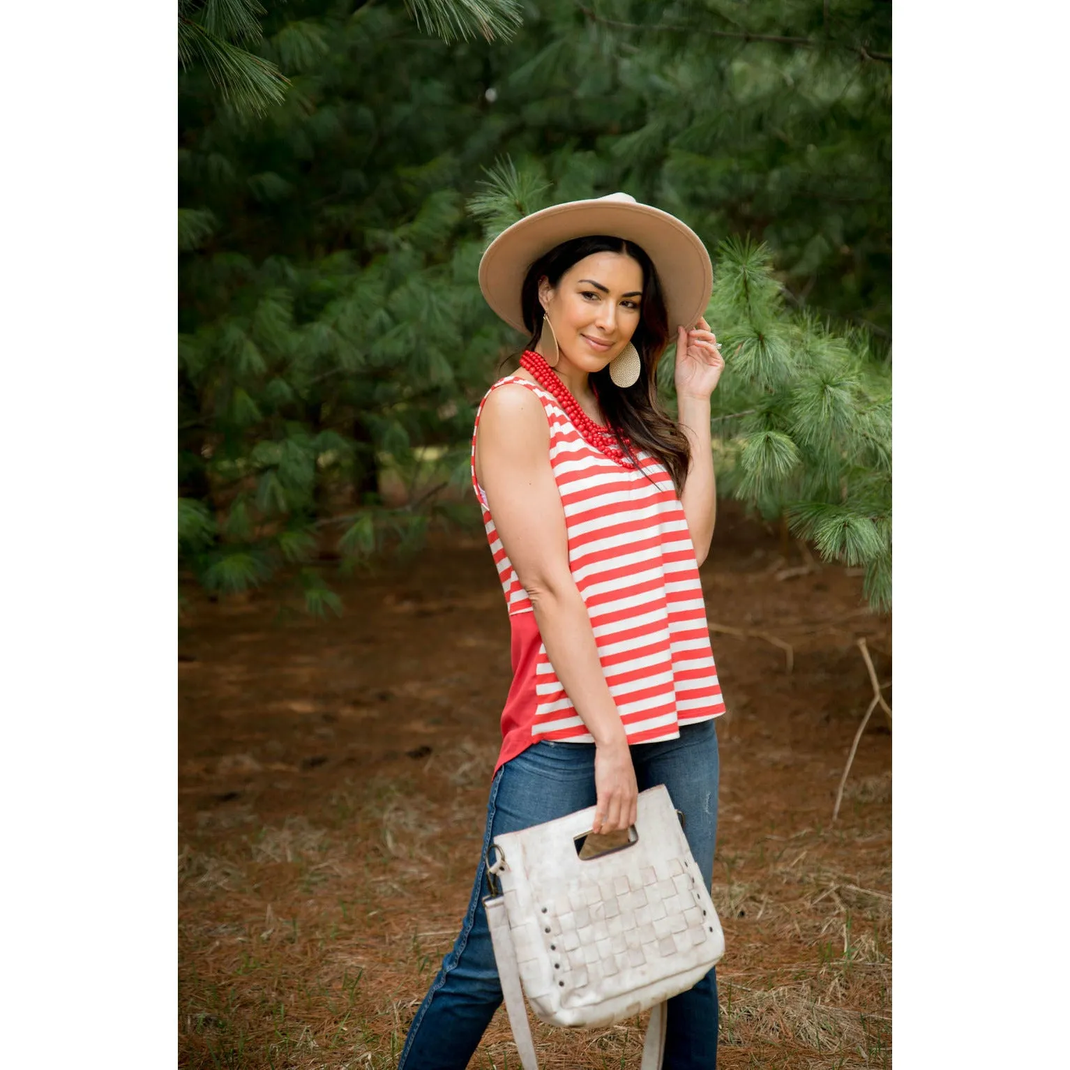 Coral Striped Chiffon Back Tank