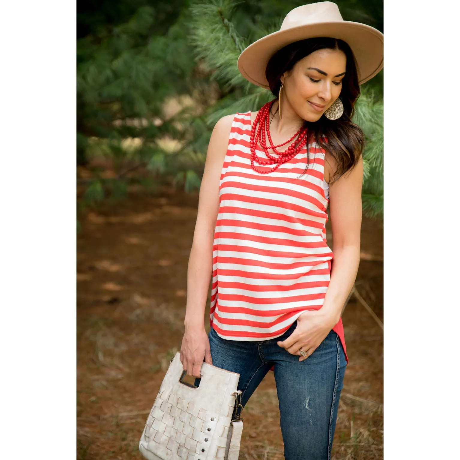 Coral Striped Chiffon Back Tank