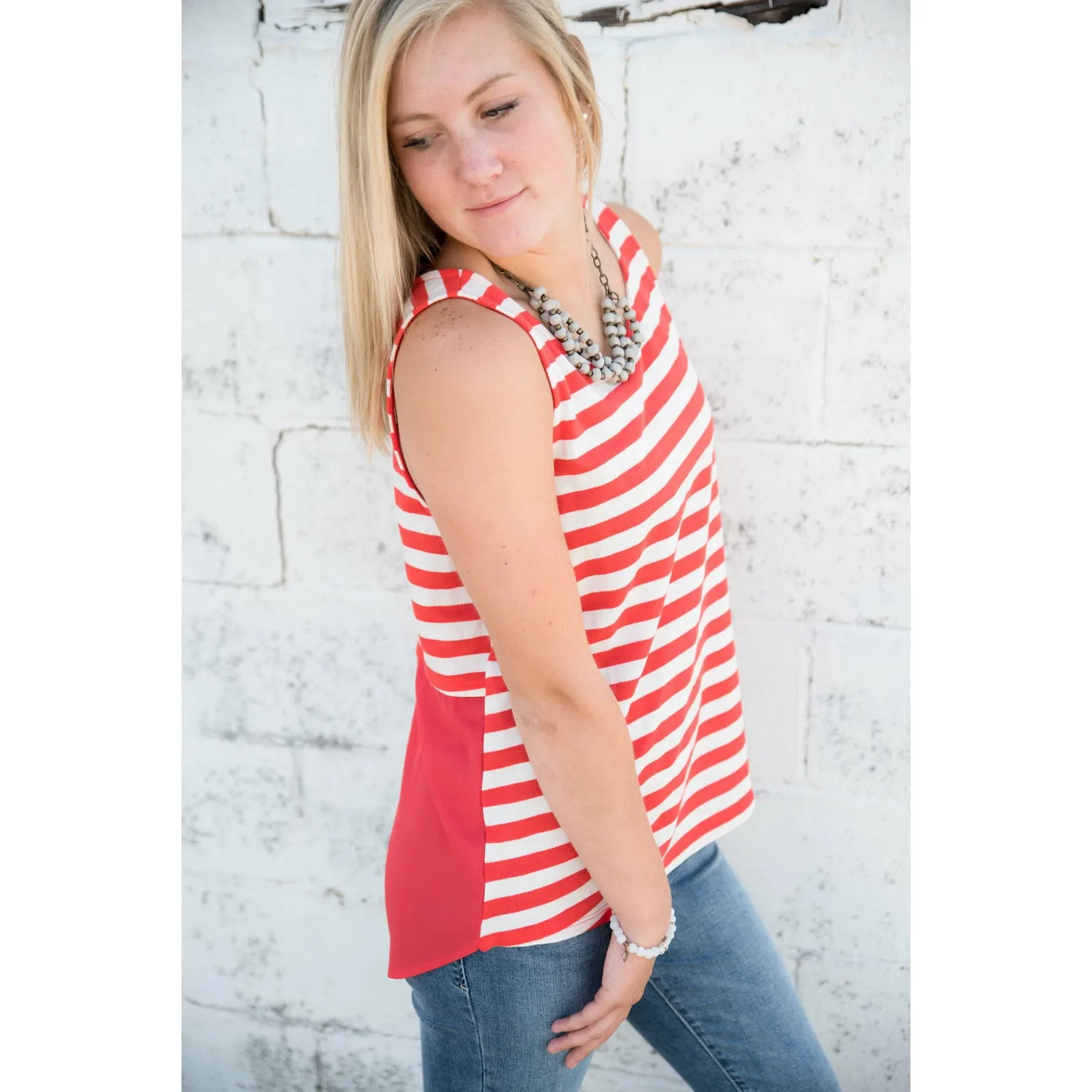 Coral Striped Chiffon Back Tank