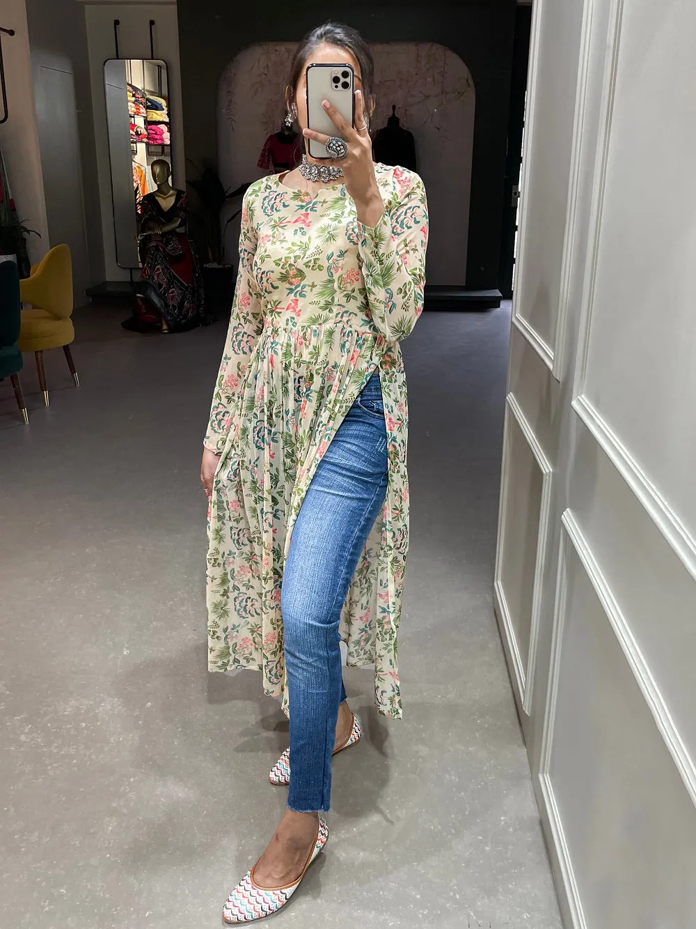 Cream Color Floral Printed Chiffon Naira Cut Kurti