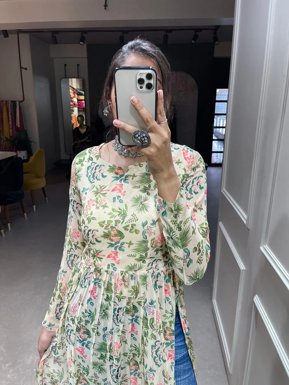Cream Color Floral Printed Chiffon Naira Cut Kurti