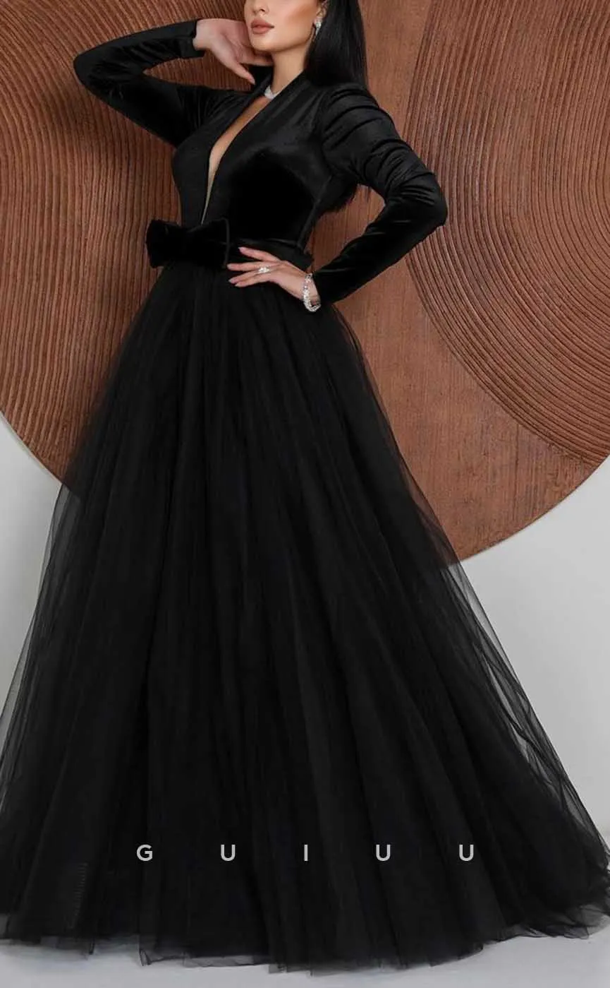G4073 - Chic & Modern A-line V-Neck Draped Long Formal Party Prom Dress with Long Sleeves and Bows