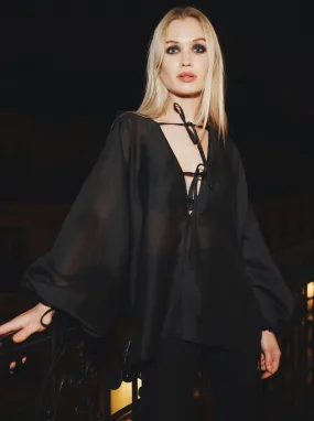 'GIGI' EXAGGERATED BALLOON SLEEVE CHIFFON BLOUSE BLACK