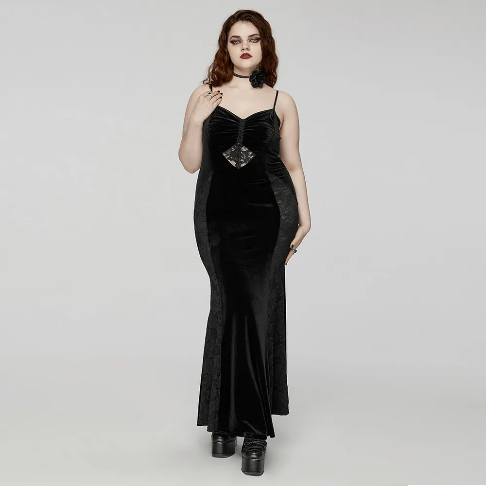 Gothic Style Black Velvet Lace Panel Mermaid Dress