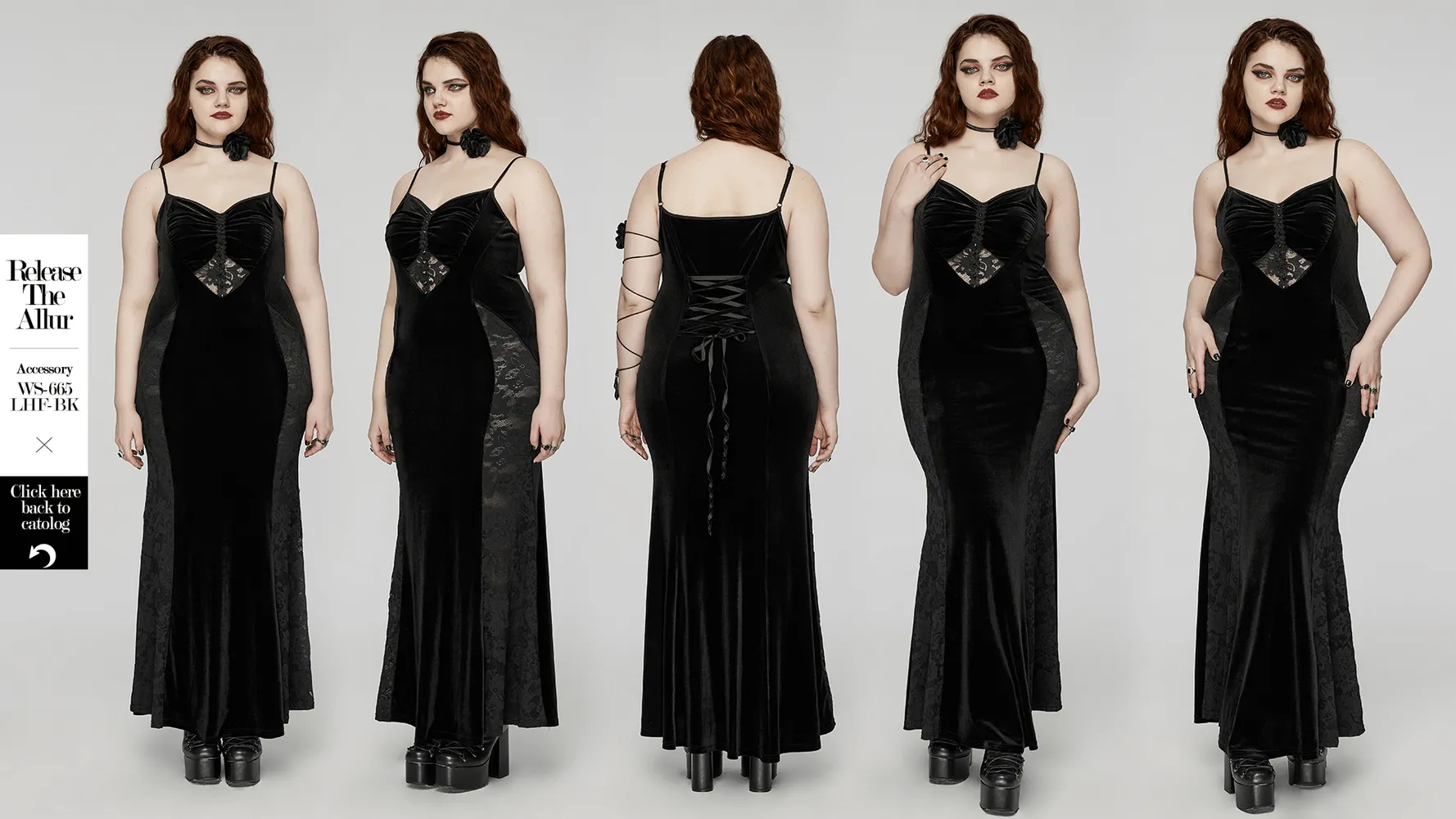 Gothic Style Black Velvet Lace Panel Mermaid Dress