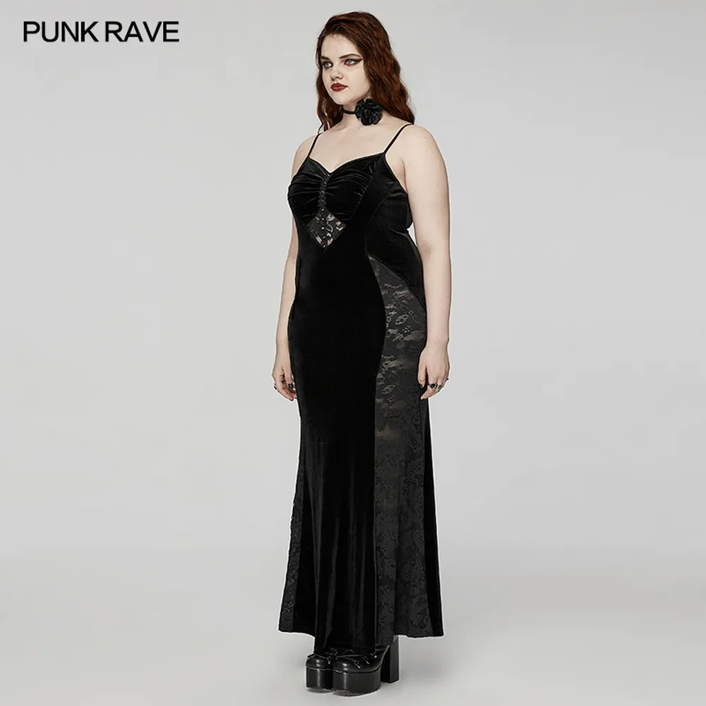 Gothic Style Black Velvet Lace Panel Mermaid Dress