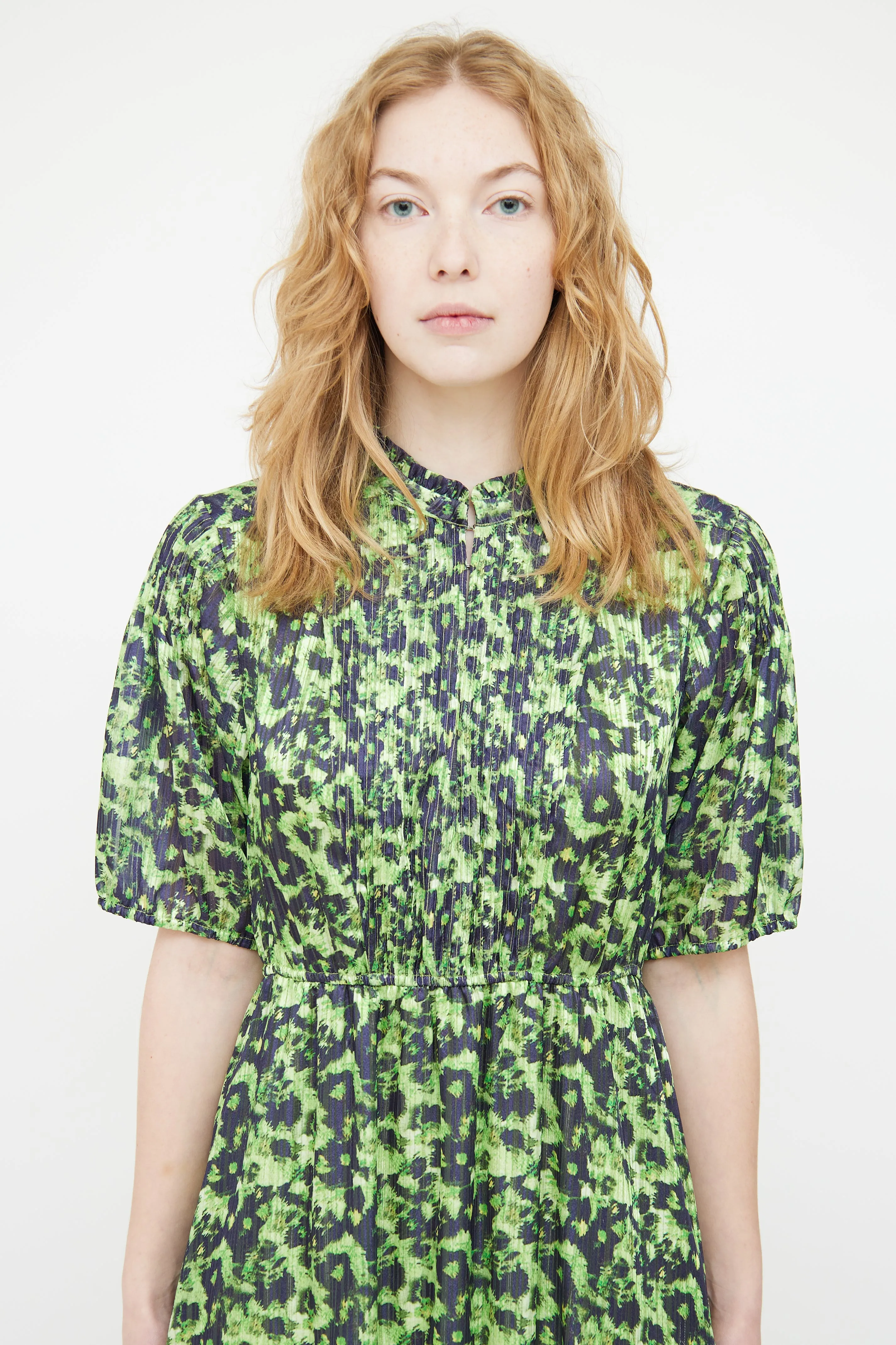 Green & Black Pleated Patterned Dress