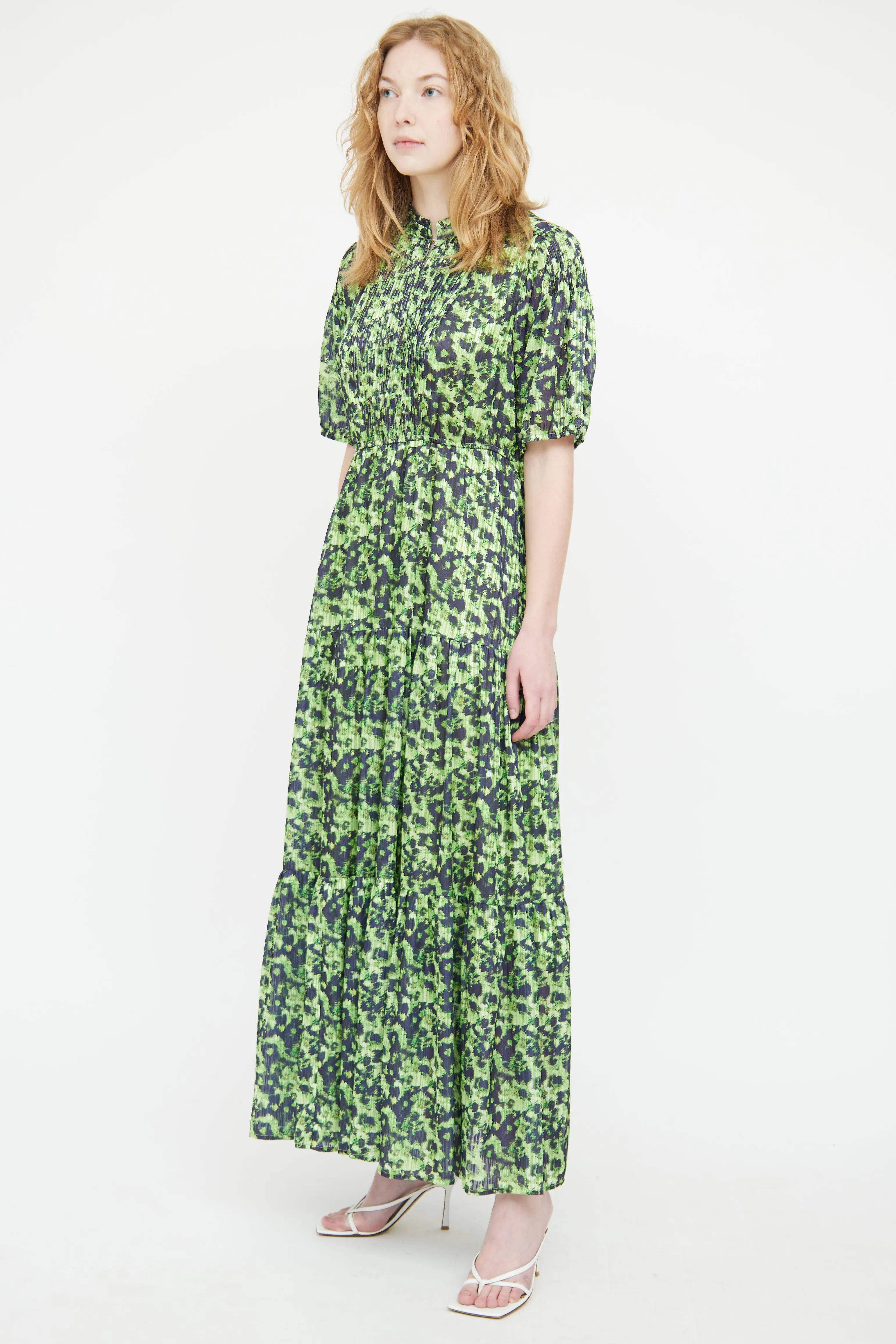 Green & Black Pleated Patterned Dress