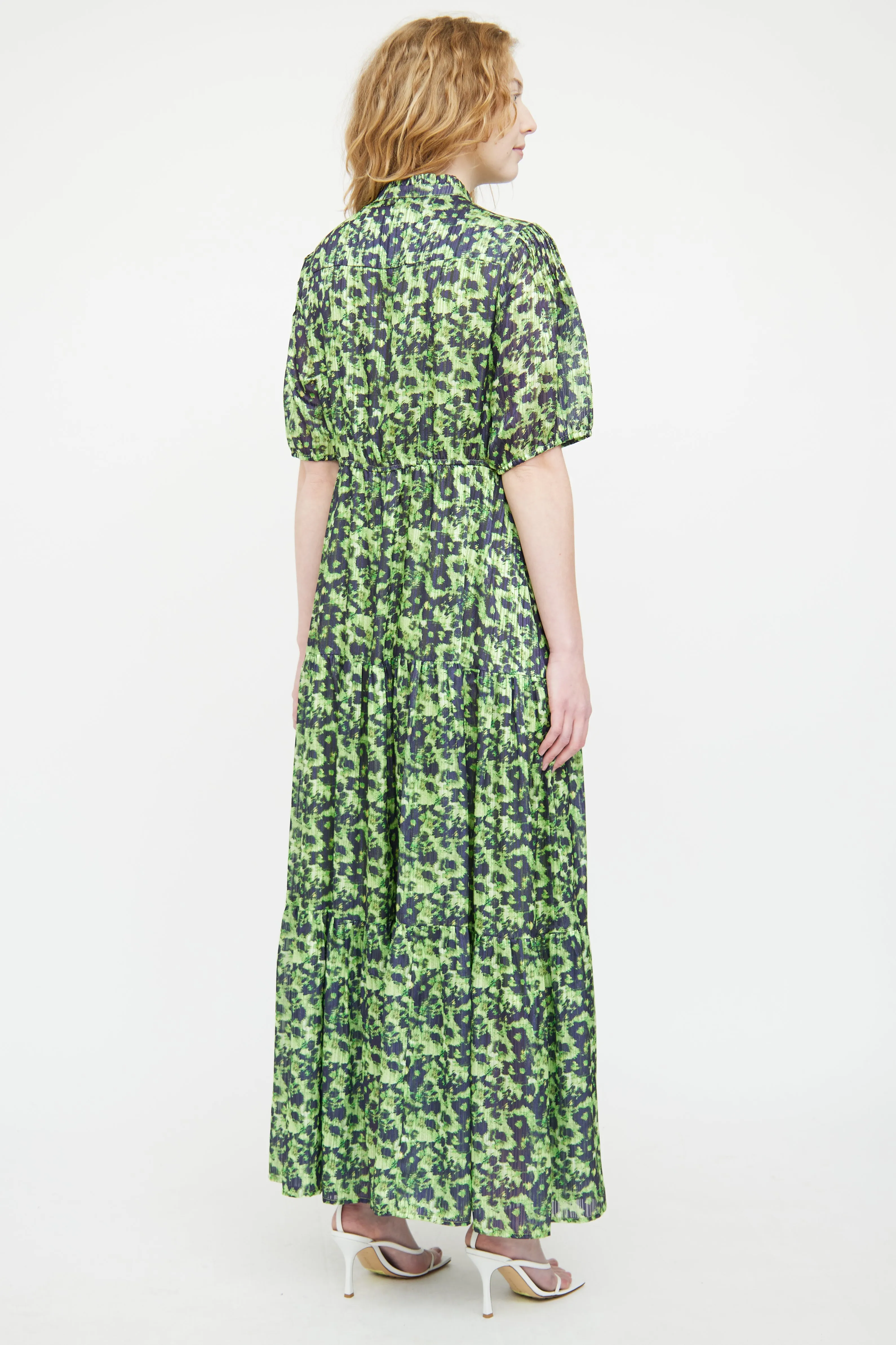 Green & Black Pleated Patterned Dress