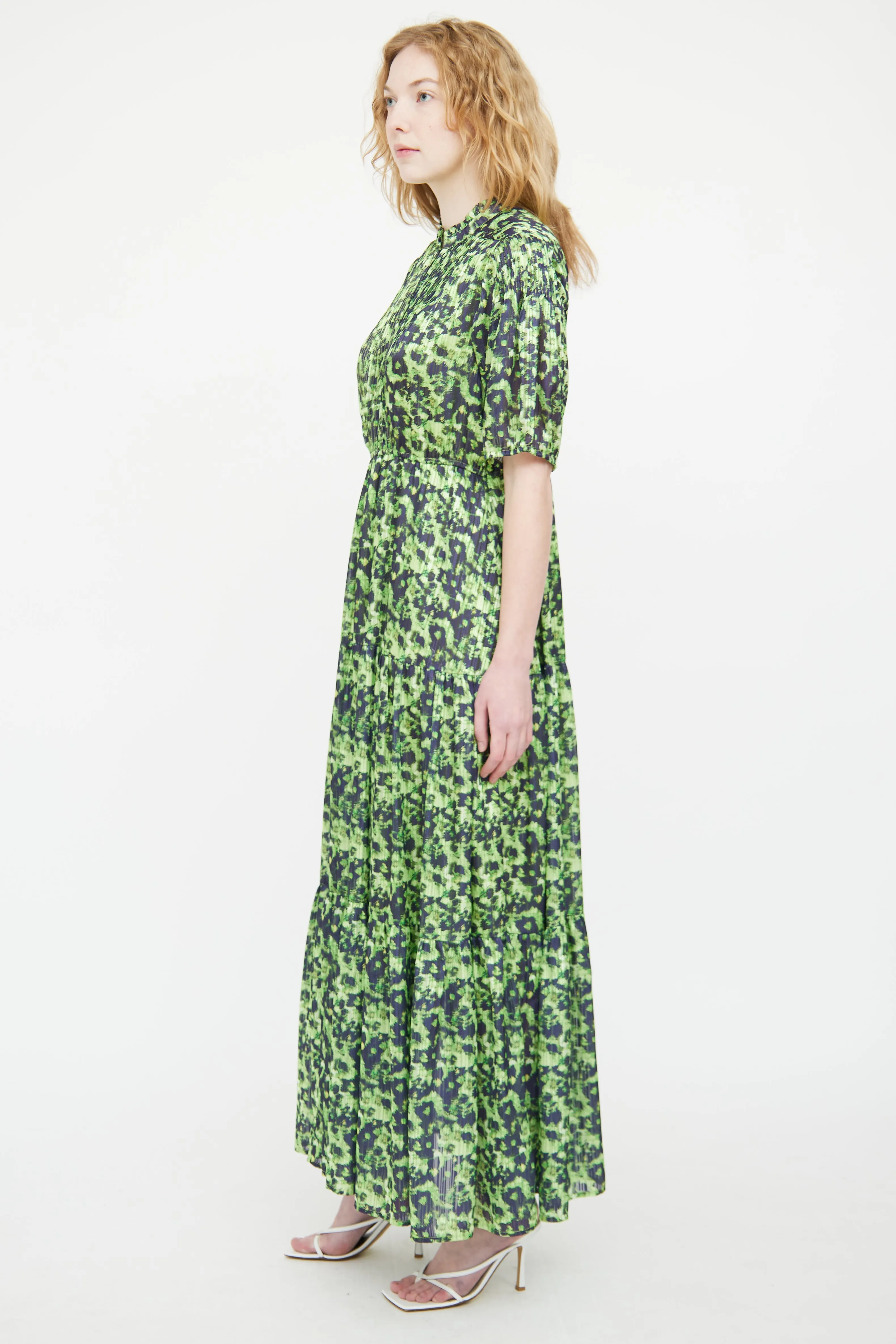 Green & Black Pleated Patterned Dress