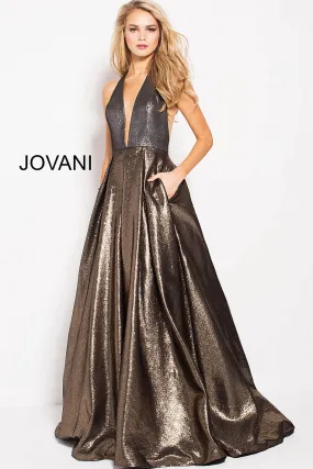 Halter Neck A-Line Gown - Gold/Silver