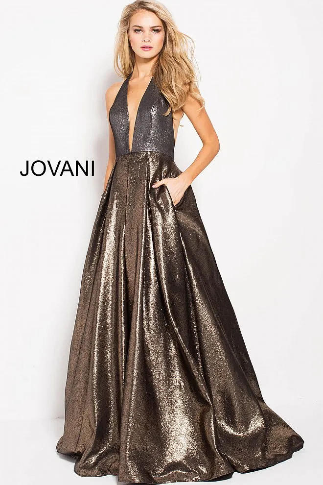 Halter Neck A-Line Gown - Gold/Silver
