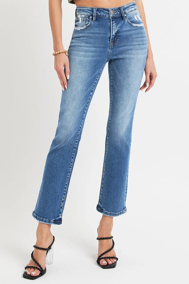 kesley RISEN Full Size Mid Rise Ankle Straight Jeans with Pockets