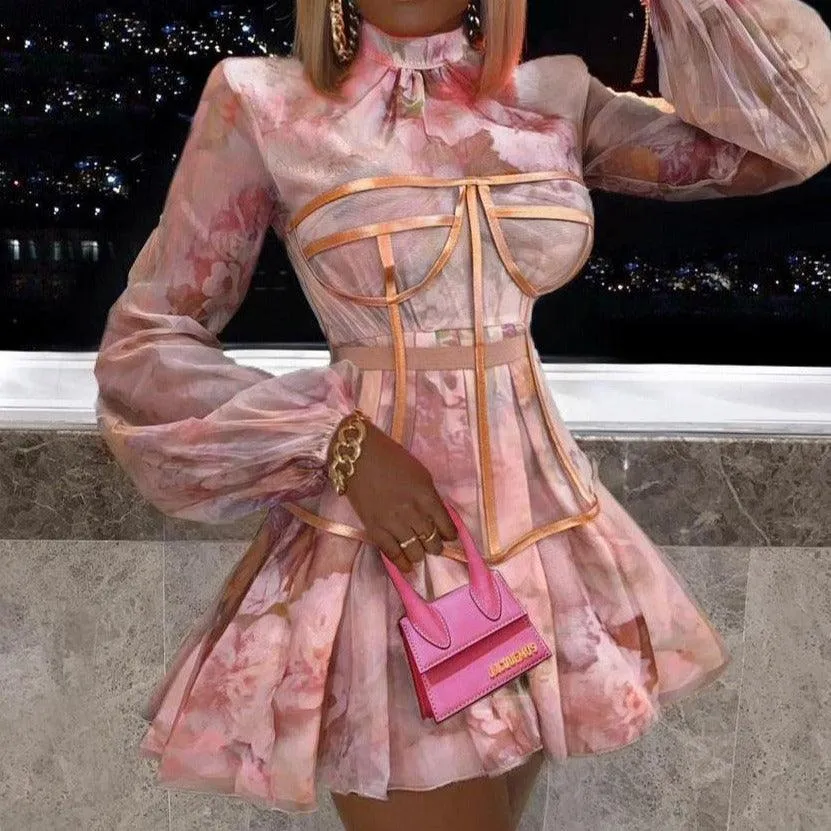 KittenAlarm - Khloe Chiffon Girdle Floral Print Dress