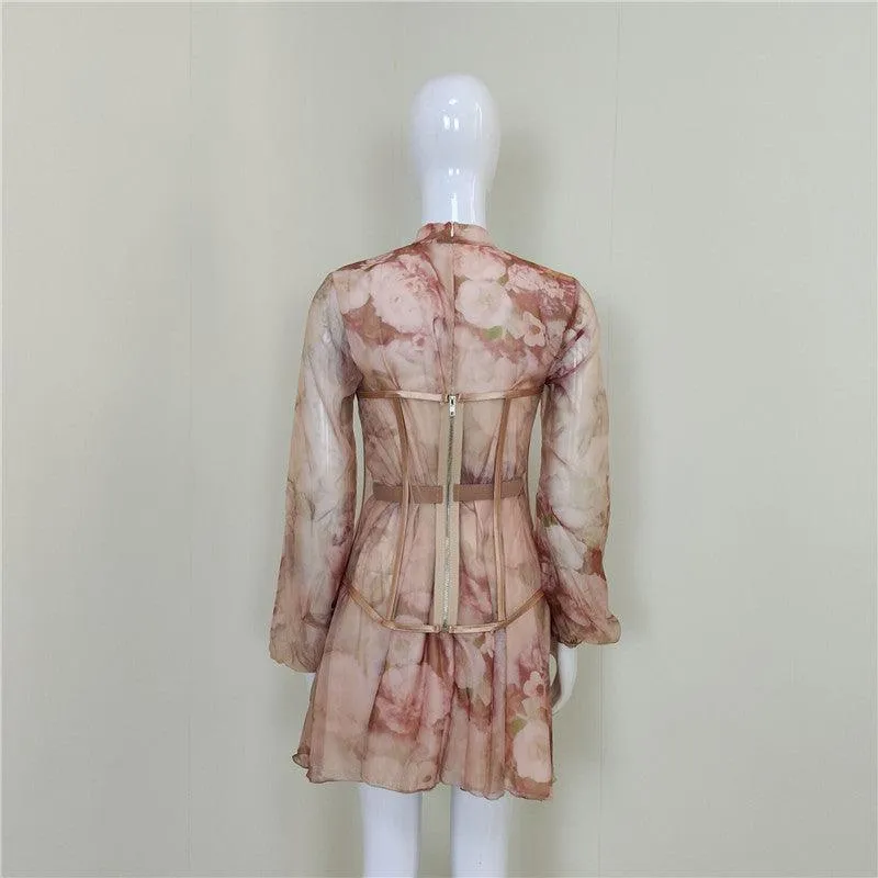KittenAlarm - Khloe Chiffon Girdle Floral Print Dress