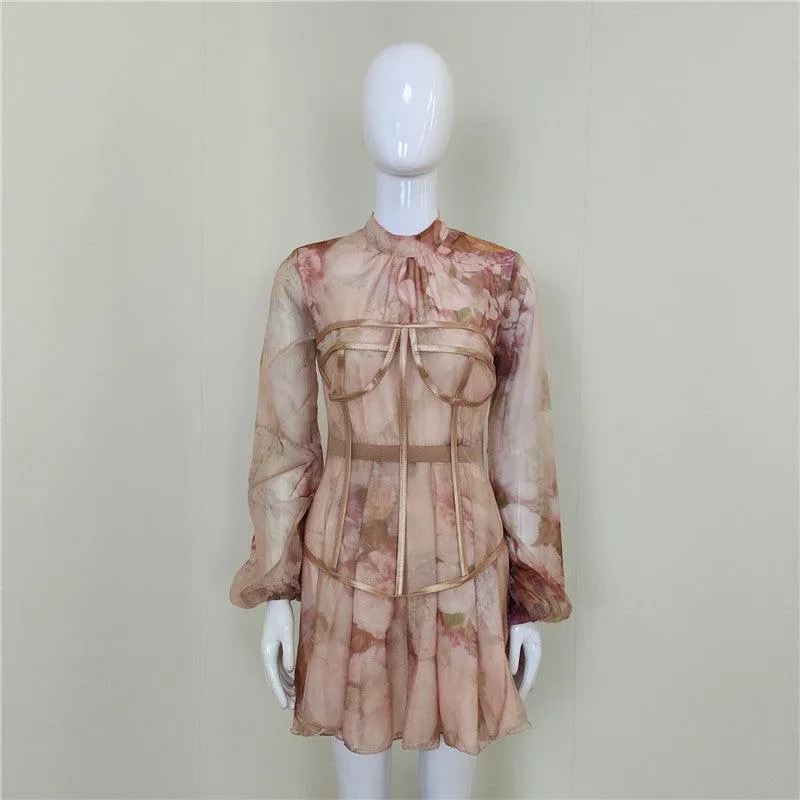 KittenAlarm - Khloe Chiffon Girdle Floral Print Dress