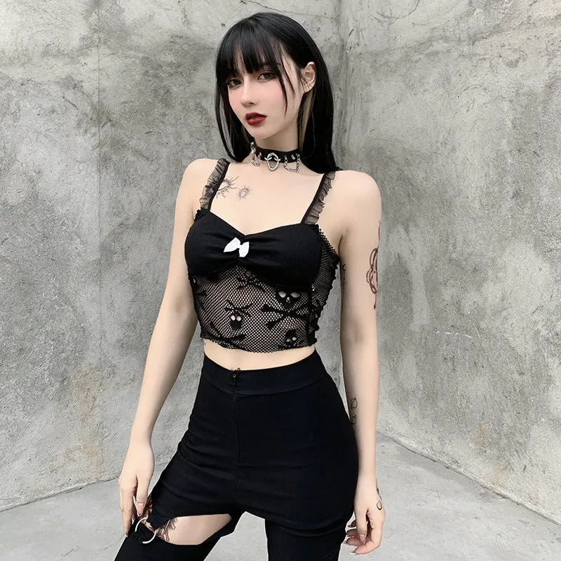 Lace trims straps sexy cami skull pattern lace short sling vest crop top shirt