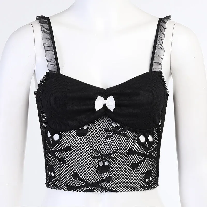 Lace trims straps sexy cami skull pattern lace short sling vest crop top shirt