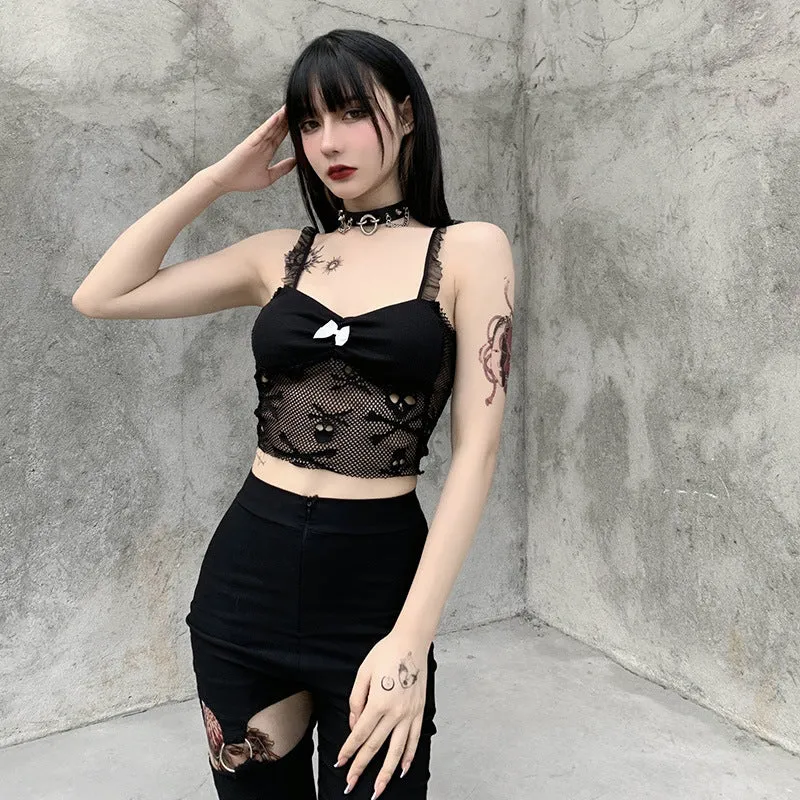 Lace trims straps sexy cami skull pattern lace short sling vest crop top shirt