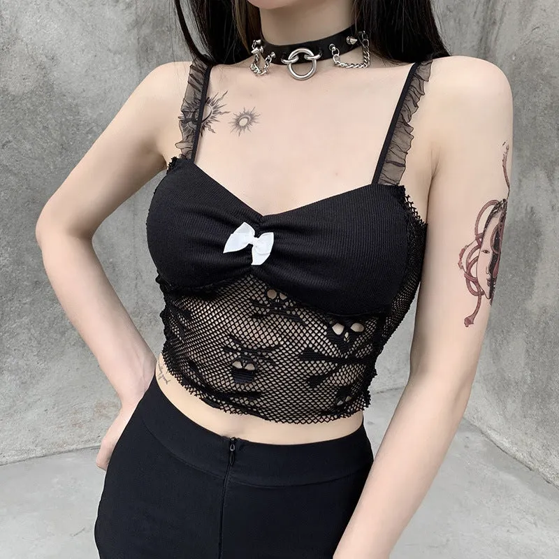 Lace trims straps sexy cami skull pattern lace short sling vest crop top shirt