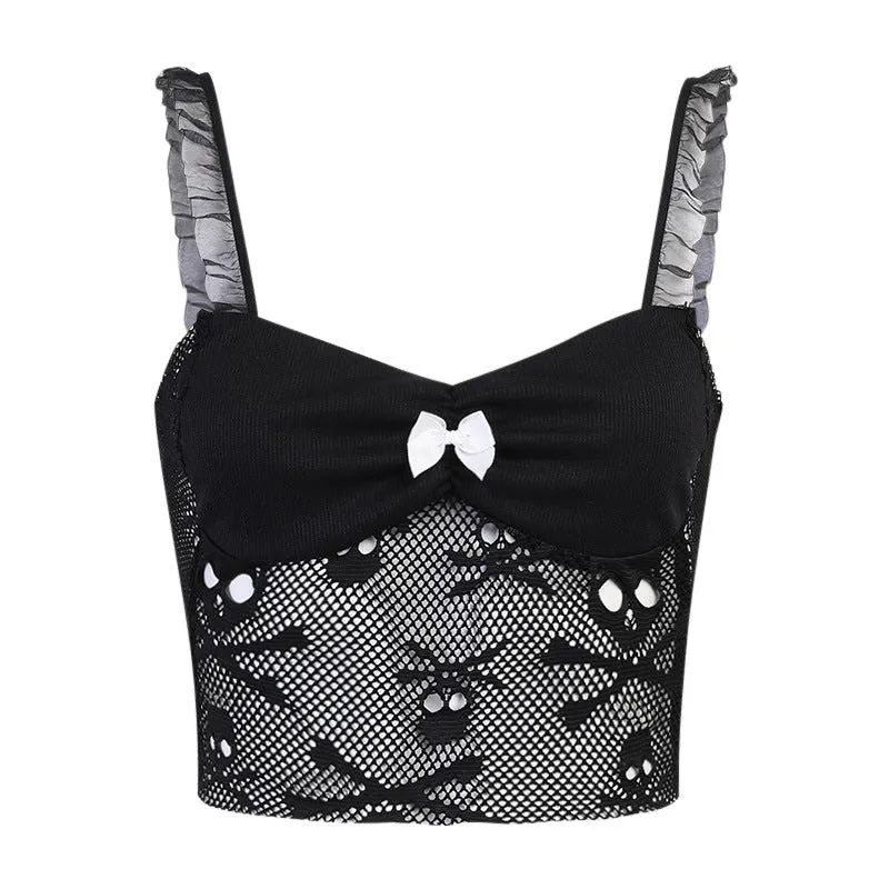 Lace trims straps sexy cami skull pattern lace short sling vest crop top shirt
