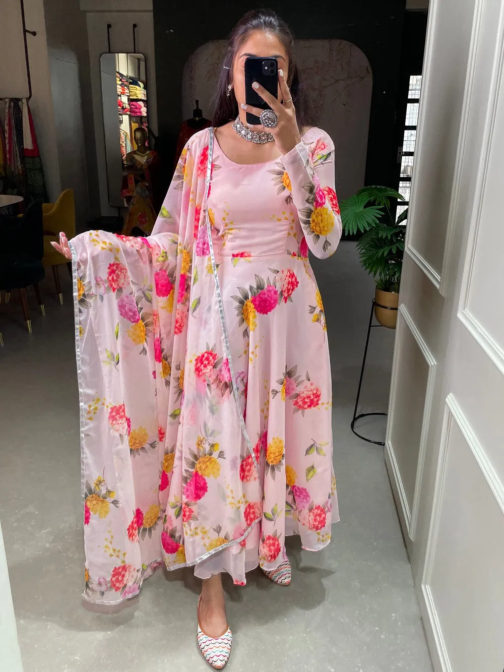 Light Pink Color Floral Printed Anarkali Style Chiffon Kurti