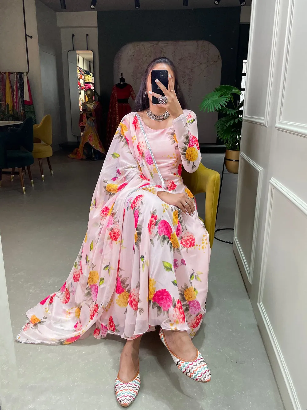 Light Pink Color Floral Printed Anarkali Style Chiffon Kurti