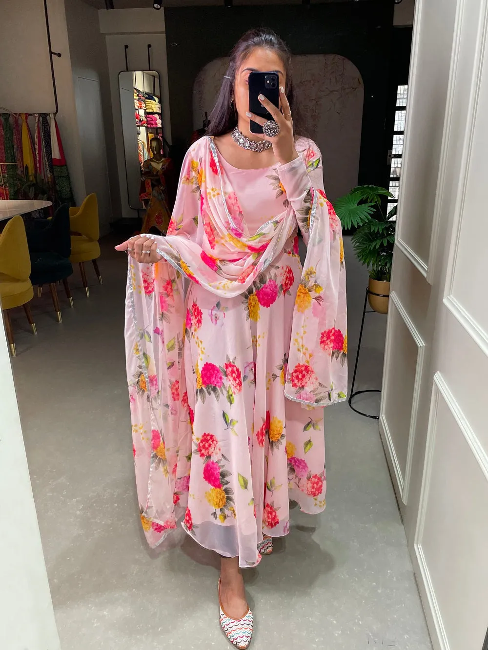 Light Pink Color Floral Printed Anarkali Style Chiffon Kurti