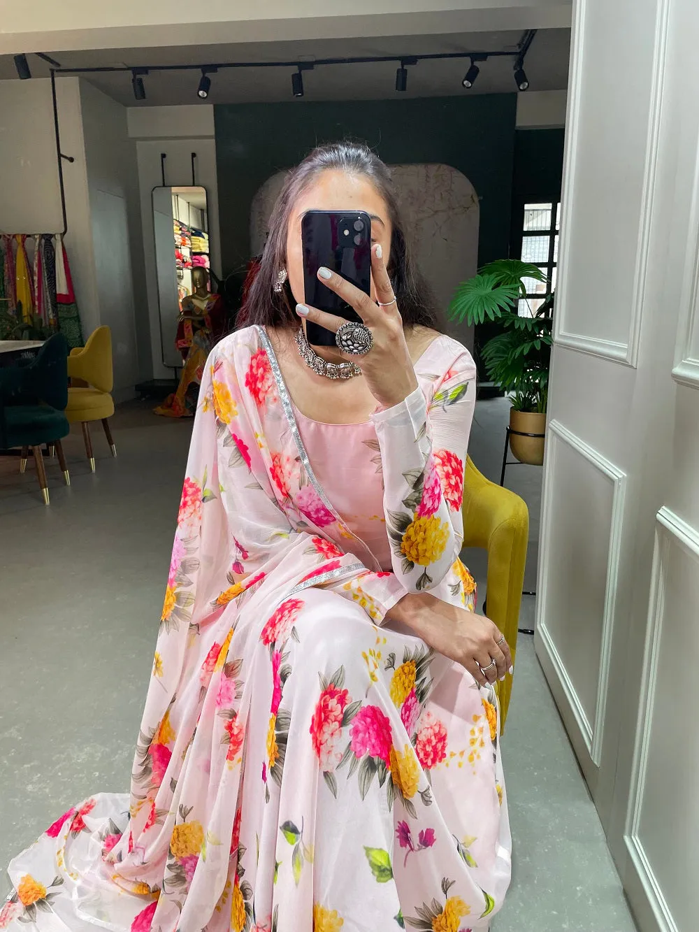Light Pink Color Floral Printed Anarkali Style Chiffon Kurti