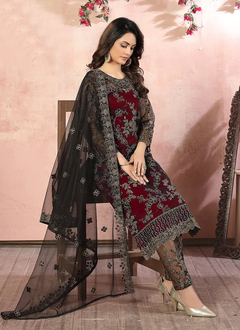Maroon Embroidered Pant Style Salwar Suit