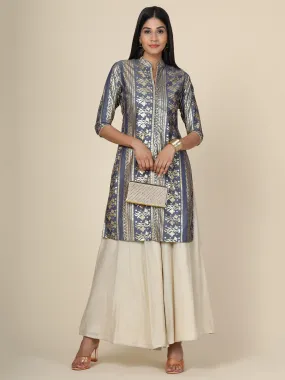 Miracolos By Ruchi's Elegant Grey Foil Print Mandarin Collar Kurti  - Rent