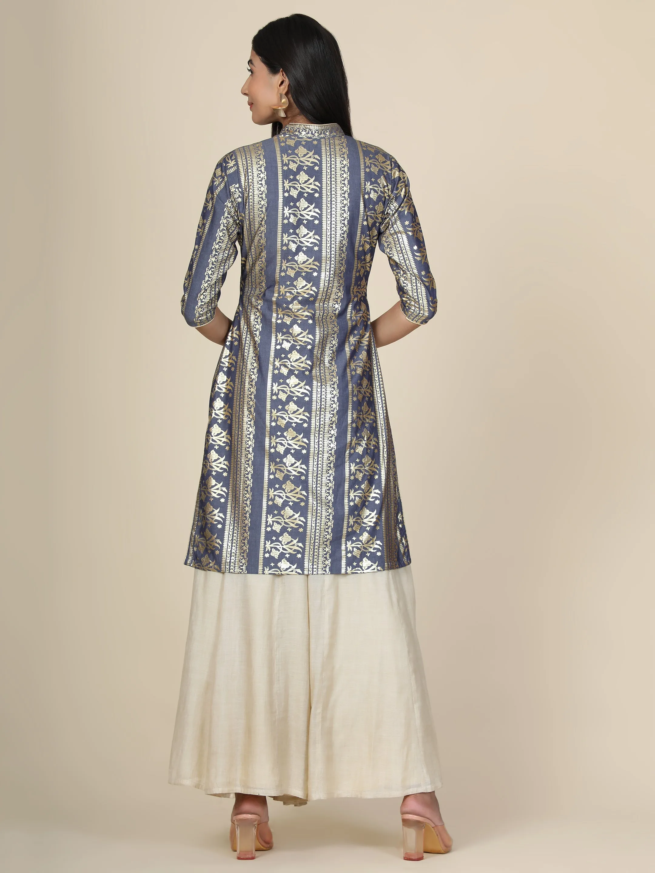 Miracolos By Ruchi's Elegant Grey Foil Print Mandarin Collar Kurti  - Rent