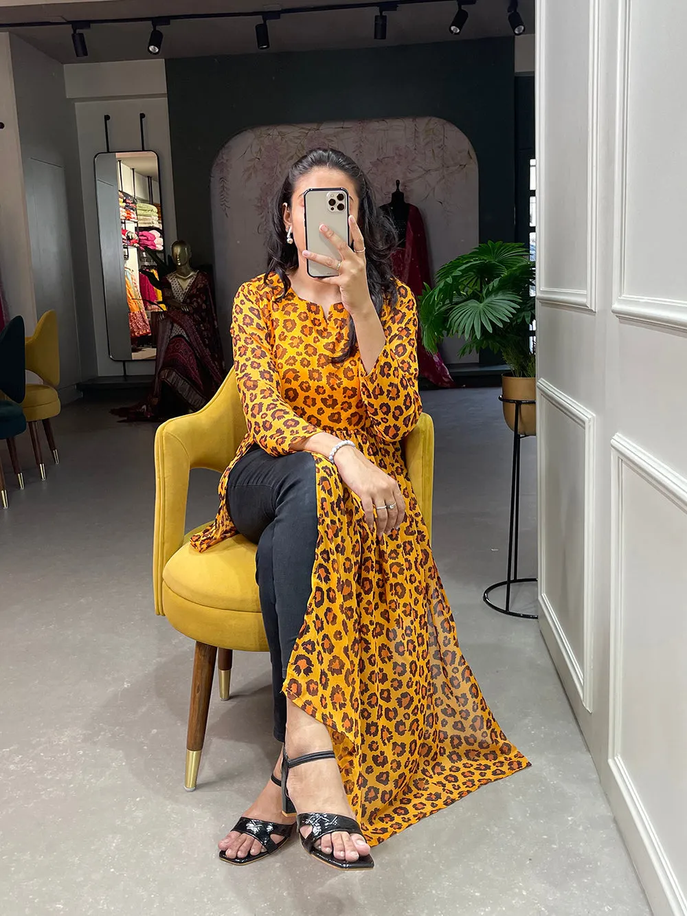 Mustard Color Animal Print Chiffon Kurti