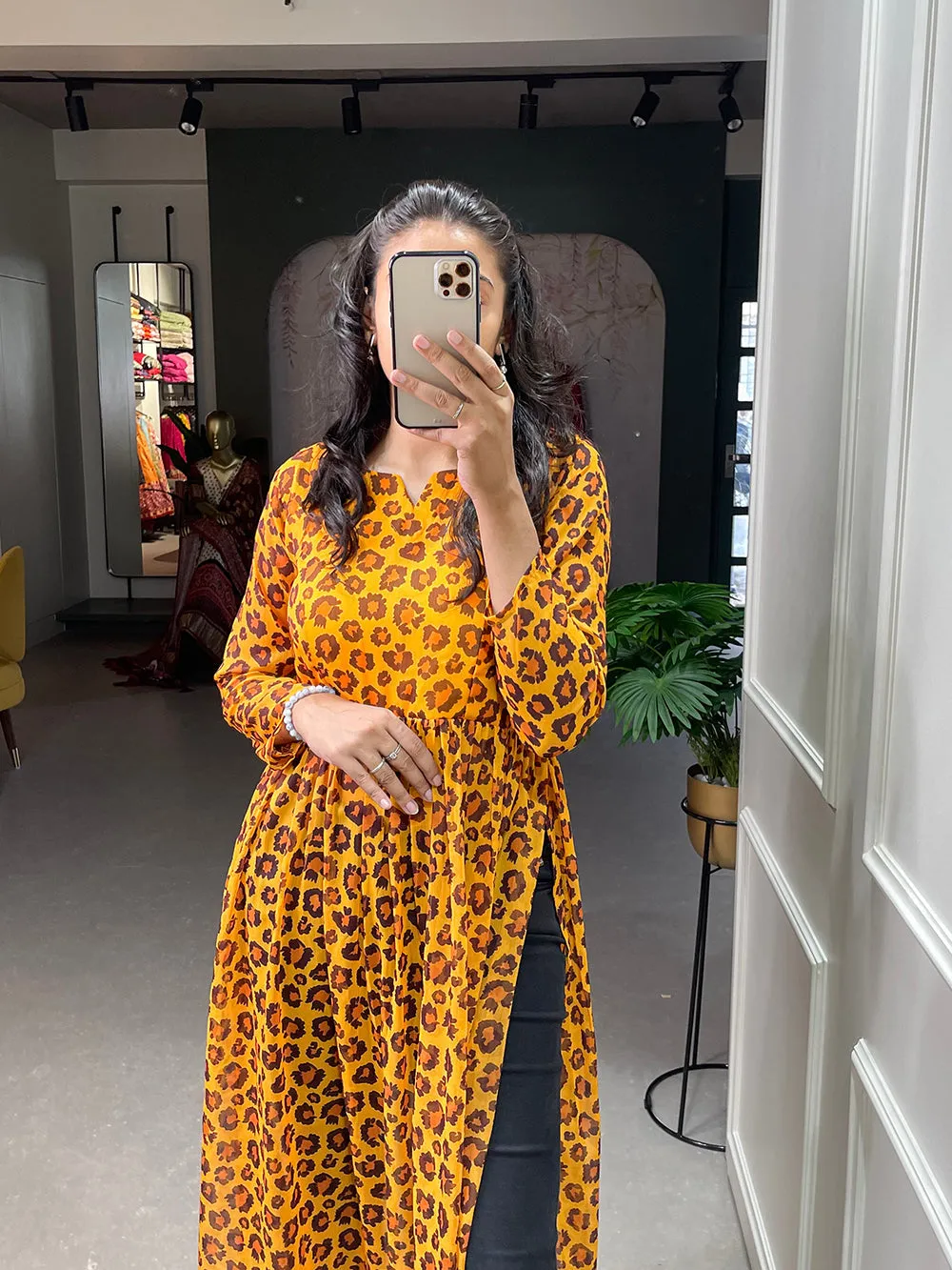 Mustard Color Animal Print Chiffon Kurti