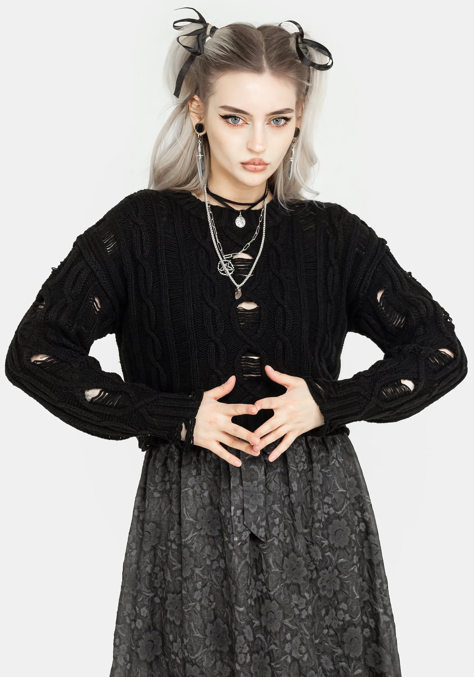 Nemesis Distressed Cable Knit Sweater